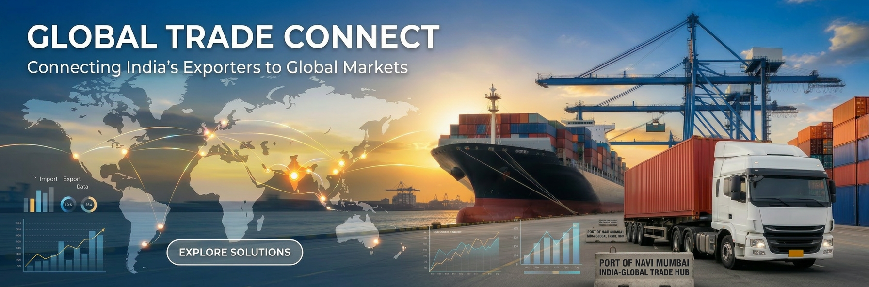 Cargo ship and container truck at port with global trade network graphics and data charts