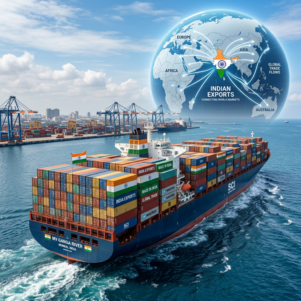 Cargo ship named MV Ganga River loaded with containers representing Indian exports, sailing from a port.