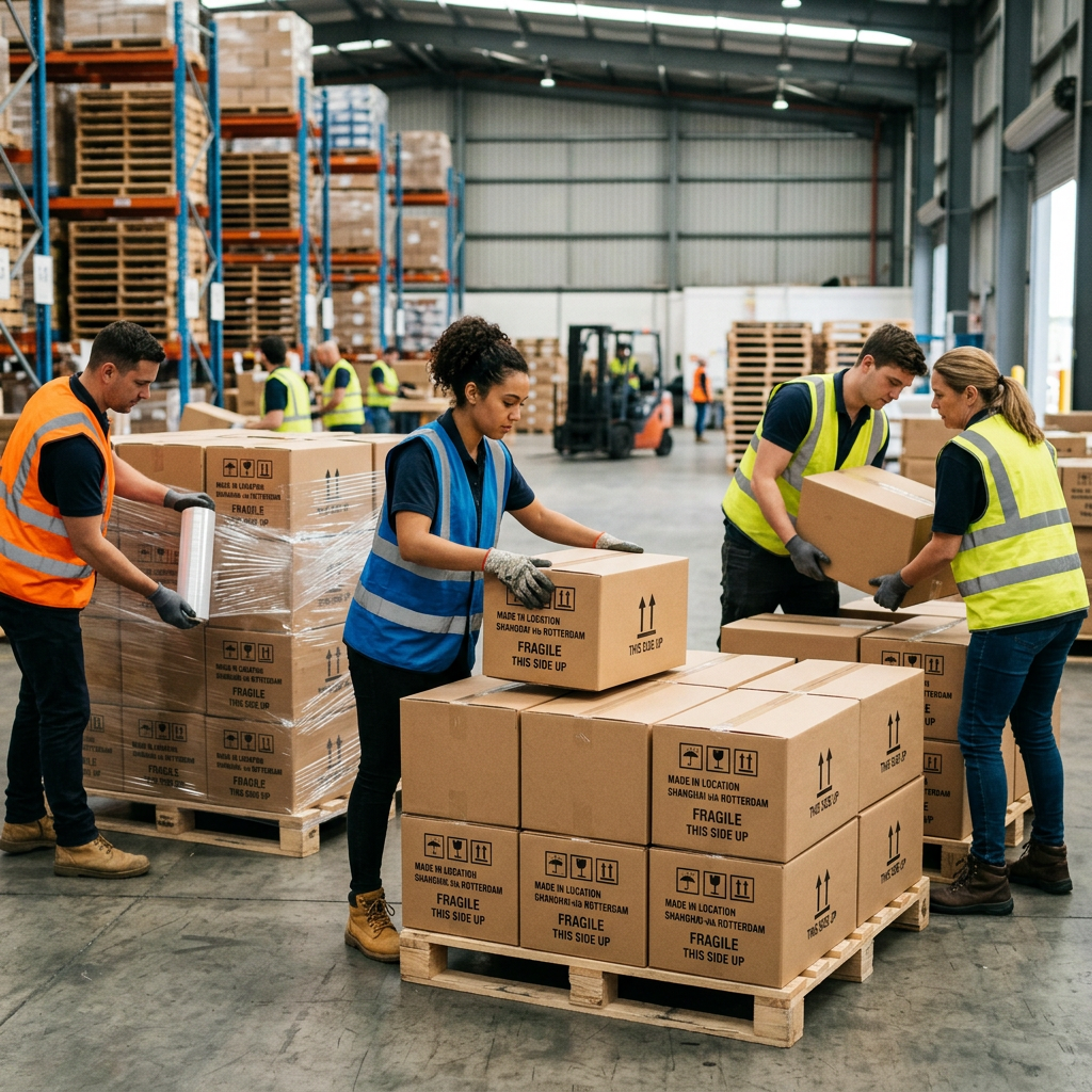 Warehouse workers stacking and wrapping fragile labeled boxes on pallets