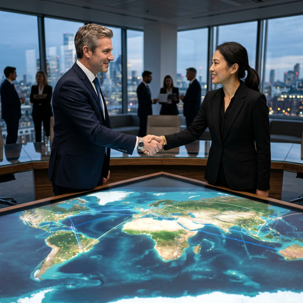 Two business professionals shaking hands over a digital world map with city lights